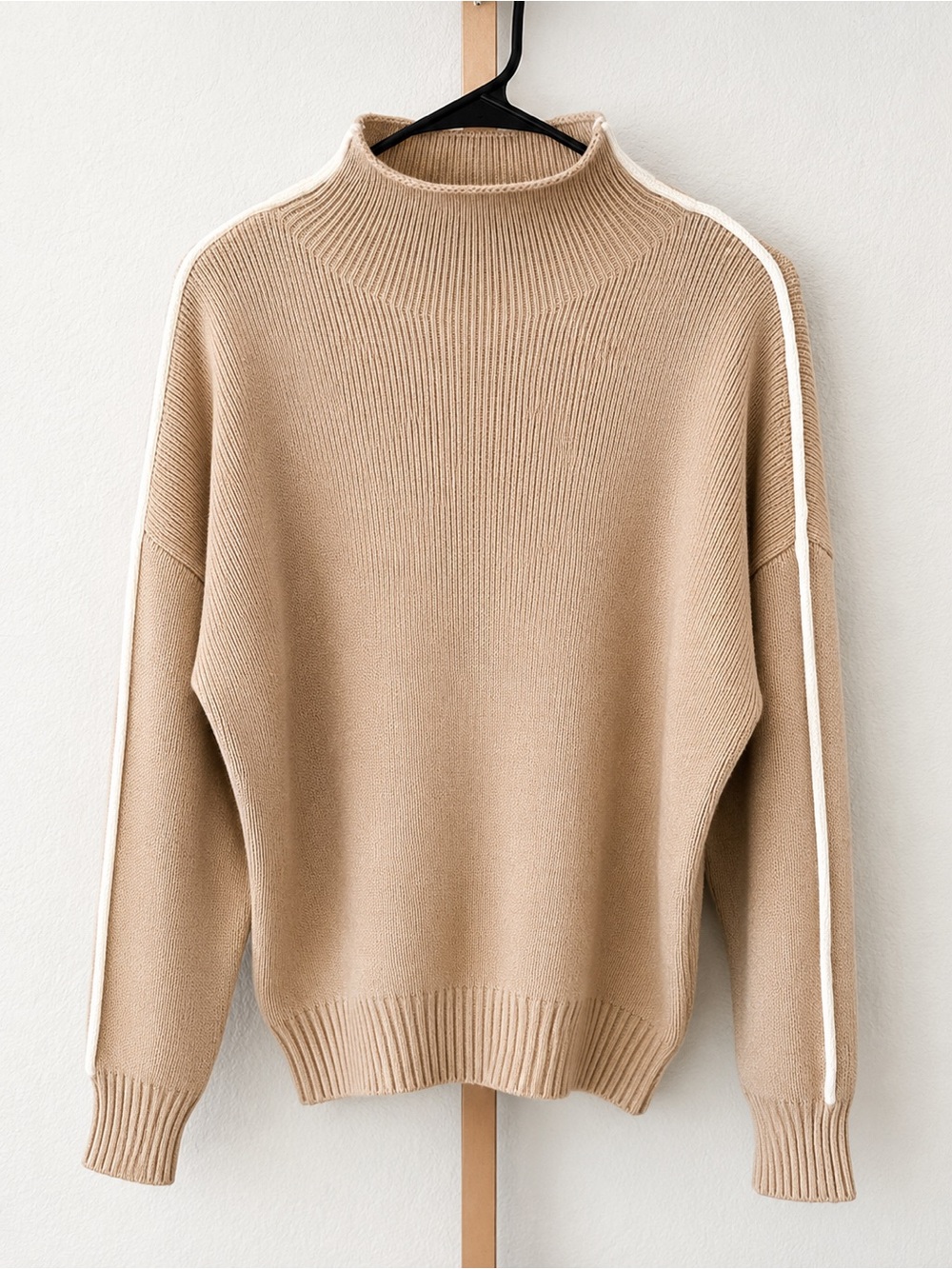 Vici Beige Mock Neck Sweater with White Sleeve Stripes